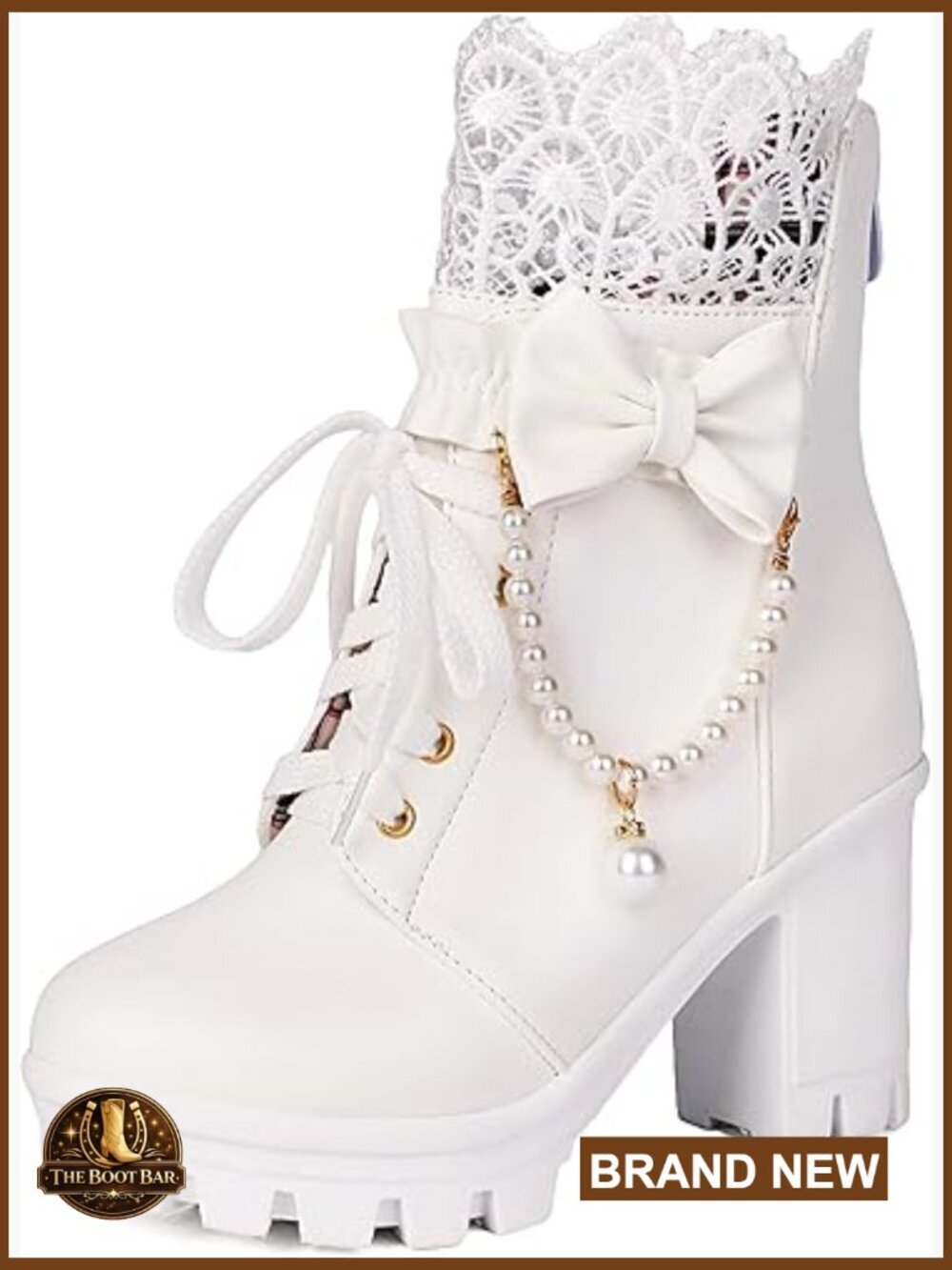 Platform Ankle Boots Chunky Heel Lace Pearl Chain Bow Goth Combat